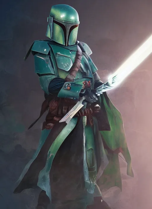 Image similar to arcane wizard x boba fett, fantasy inspired boba fett as a wizard in a scenic environment, 3 d digital art, character mashup, epic volumetric lighting, combination art, photorealistic, sharp focus, aesthetic, inspired by studio ghibli