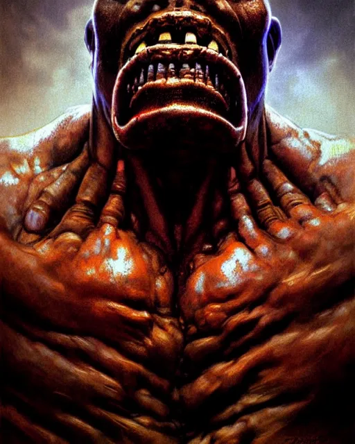 Prompt: doomfist from overwatch, rage, character portrait, portrait, close up, concept art, intricate details, highly detailed, horror poster, horror, vintage horror art, realistic, terrifying, in the style of michael whelan, beksinski, and gustave dore