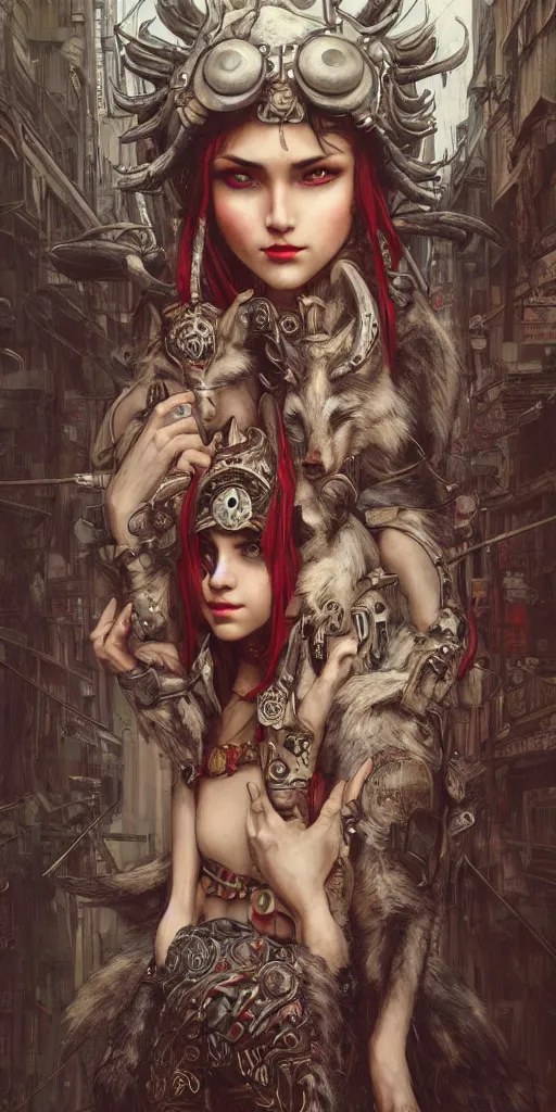 Image similar to hyper realistic Princess Mononoke, ornate mask, wet market street, cyberpunk metropolis, city landscape, jewels, full body pose, wolves, style of tom bagshaw, mucha, james gurney, norman rockwell, denoised, sharp