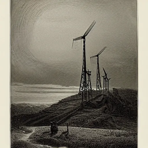 Image similar to landscape with windmills, gustave dore engraving