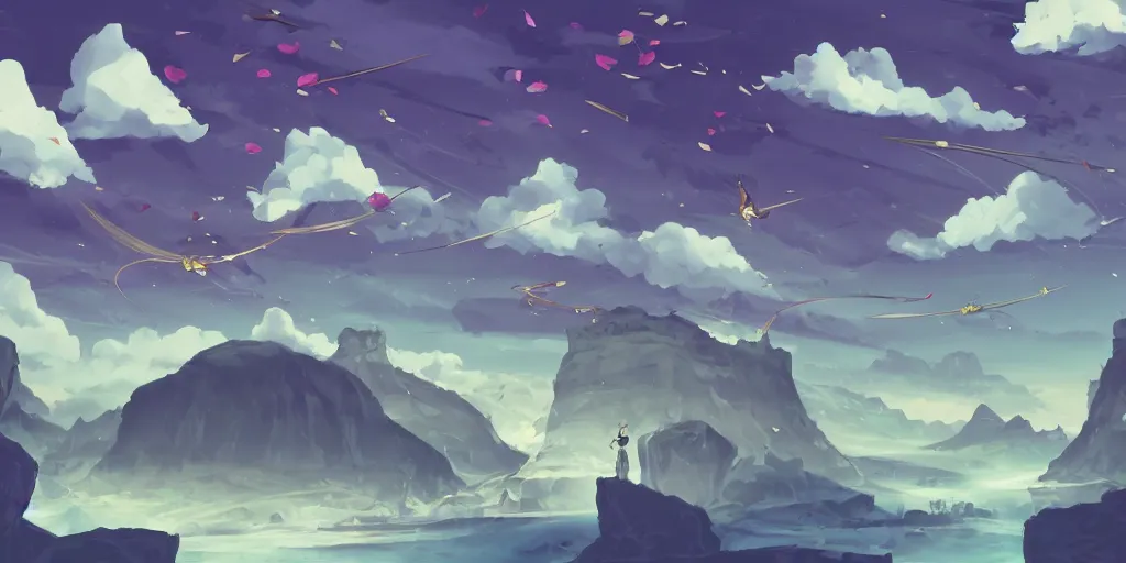 Image similar to background art of flying longswords flowing and floating through the slicing through directional wind on a simple cloudy sky background featuring a canyon bridge, big puffy clouds, large individual rose petals, angular background elements, polygonal fragments, anime, studio ghibli, artgerm, manga, trending on artstation, art nouveau, mature color scheme