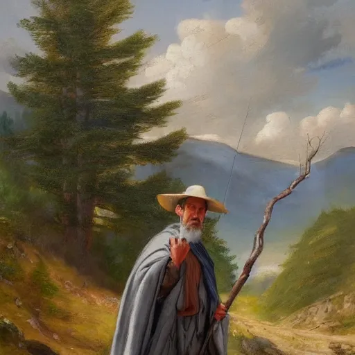 Image similar to a man in a grey cloak and brimmed hat with a staff travelling trough the mountains with trees, very detailed, colorful, oil painting, clouds