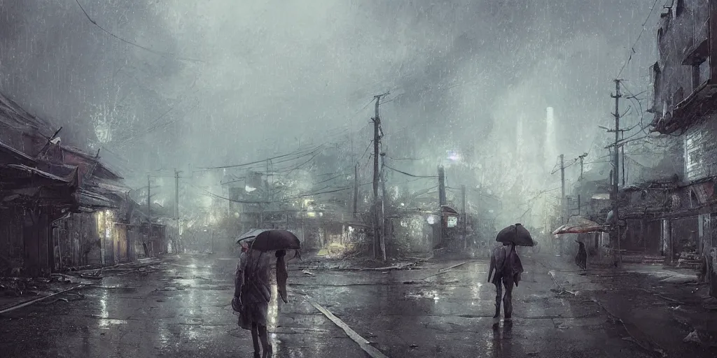 Image similar to walking around dilapidated ikeshima island, nagasaki, japan. volumetric lighting, rain, spring night, dark overcast weather, realistic illustration, perfectly shaded, soft painting, art by krenz cushart and wenjun lin