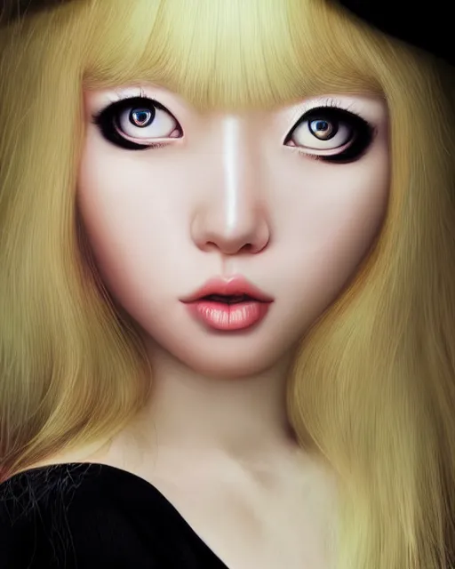 Prompt: cross eyed beautiful hyper realistic photograph of pretty blonde korean girl alice,, dramatic lighting alice in wonderland, dj sura face, artgerm, ilya kuvshinov