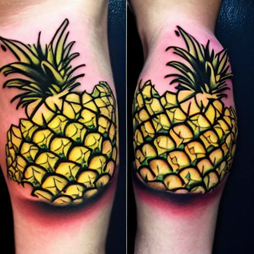 Image similar to a ripe luscious pineapple tattoo on an arm that's also edible. high resolution, digital art, ue 5.