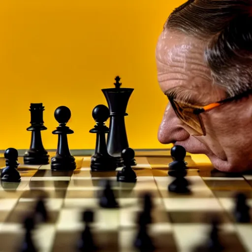 Prompt: close-up portrait of Marcel Duchamp playing chess against a futuristic machine, long exposure, minimal composition, packshot, archival pigment print