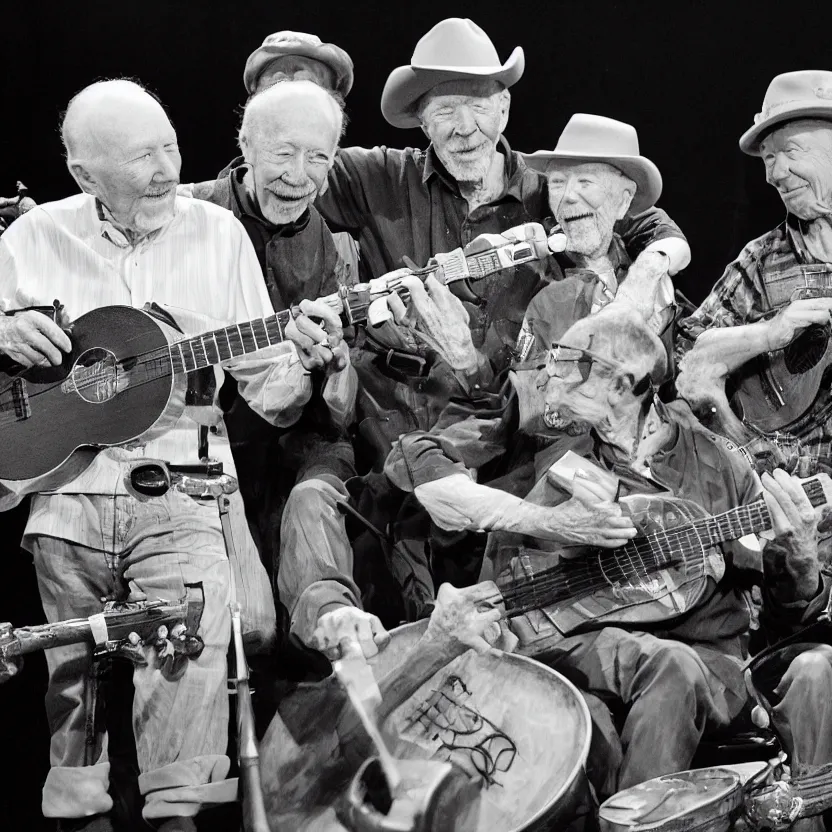 Image similar to black and white photo of 9 0 year old pete seeger playing a banjo and singing with lil nas x who is also playing a banjo - award winning