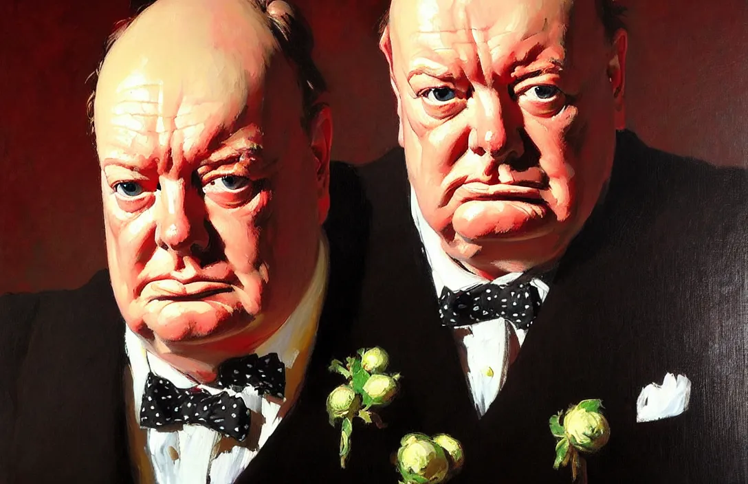 Image similar to portrait of winston churchill!!!!!!!!!!!!!!!!!!!!!!!!!!!, detailed face, detailed painting,, epic lighting, by ilya repin, phil hale and kent williams