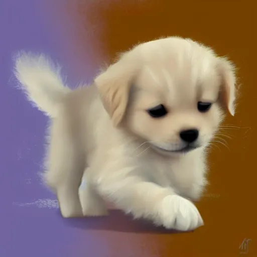 Prompt: A tiny golden retriever puppy and a very tiny white kitten, artstation