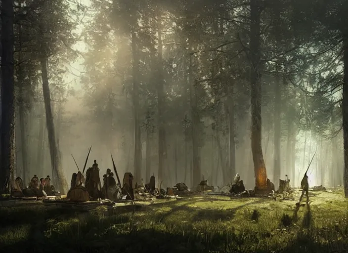 Prompt: atmospheric cinematic artwork of Robin Hood and his outlaws in their camp in Sherwood forest, dusk, sun rays through the trees by Greg Rutkowski, 4k, masterpiece