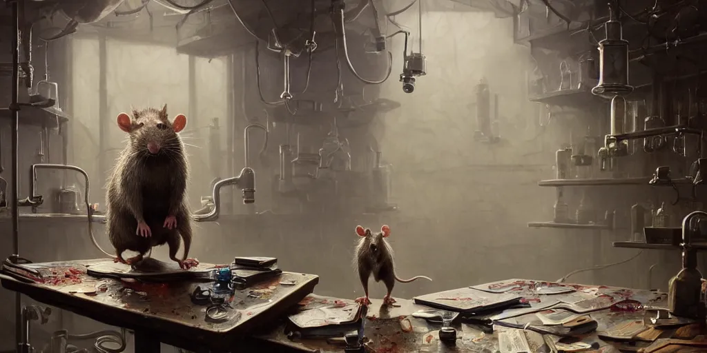 Image similar to highly realistic intricate rat standing on a desk in a laboratory with lots of flasks filled with magic liquids and poisonous fog, stephen bliss, unreal engine, fantasy art by greg rutkowski, loish, rhads, ferdinand knab, ilya kuvshinov, rossdraws, tom bagshaw, global illumination, radiant soft light, detailed and intricate environment