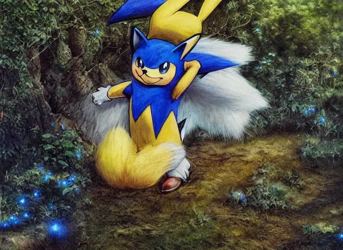 Prompt: Pikachu sonic the hedgehog hybrid in the Shire by Alan Lee, moonlight, concept art, detailed clothing, art station, oil painting