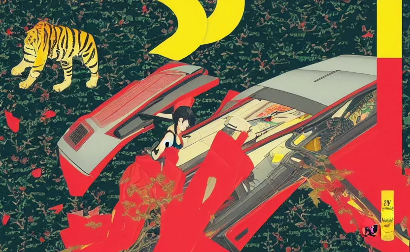 Image similar to a red delorean and a yellow tiger, painting by hsiao - ron cheng & utagawa kunisada, magazine collage style,