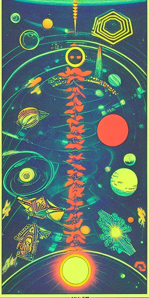 Image similar to 1968 science fiction tarot card, cut out collage, neon Aztec, non Euclidean, spring on Saturn, epic theater, deep sea, mountain plants, drawings in part by moebius, part by Ernst Haekl, text by William S Boroughs