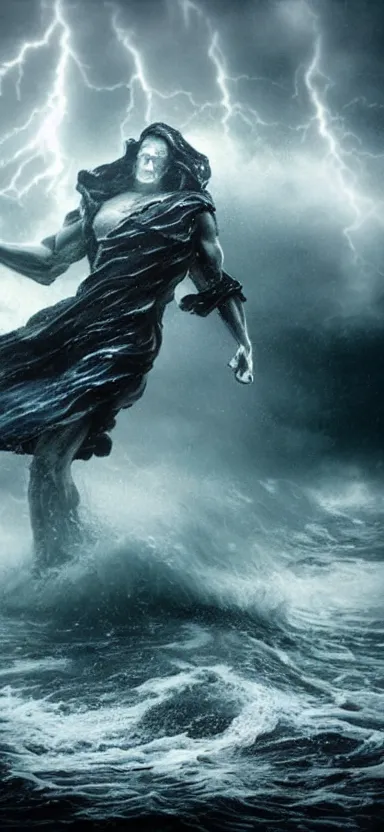 Prompt: colossus made of water, made of liquid, rising up from ocean, water armor, high detail, high contrast, close up portrait, studio lighting, stormy seas, beautiful, bokeh, snowy, storm clouds, god rays, d & d, fantasy, elegant, aquamarine color palette, concept art, roger deakins and greg rutkowski and alphonse mucha