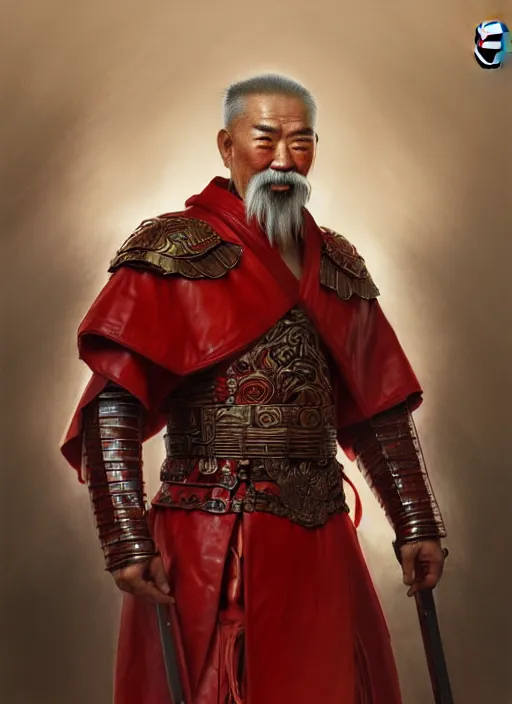 Prompt: portrait of an old Chinese warrior man, muscular, red leather robes! intricate, elegant, highly detailed, digital painting, artstation, concept art, smooth, sharp focus, illustration, art by artgerm and greg rutkowski and alphonse mucha