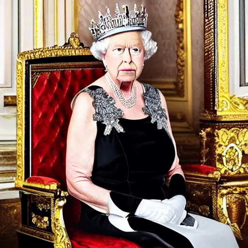 Prompt: the queen of england with dark invasive biomechanical implants sat within a nightmare of black steel and pipes