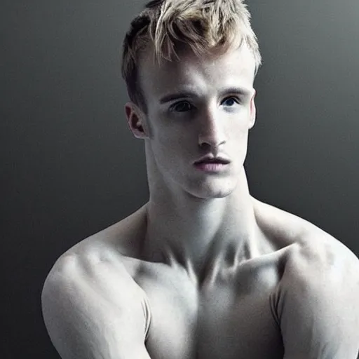 Image similar to “a realistic detailed photo of a guy who is an attractive humanoid who is half robot and half humanoid, who is a male android, Jack Laugher, shiny skin, posing like a statue, blank stare”