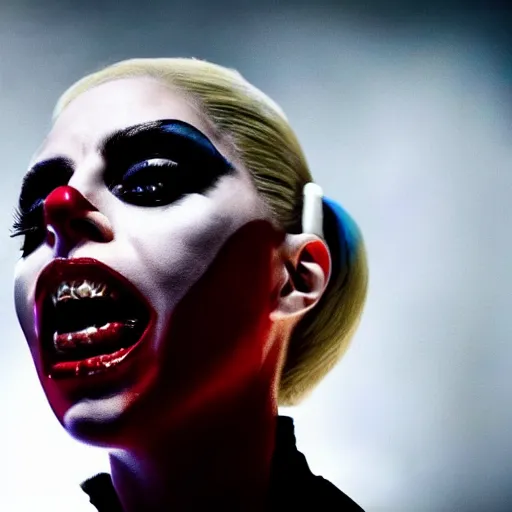 Prompt: Lady Gaga as real-life Harley Quinn, cinematic, Low angle, atmospheric fog and lighting, directed by Michael Bay, movie still, photography