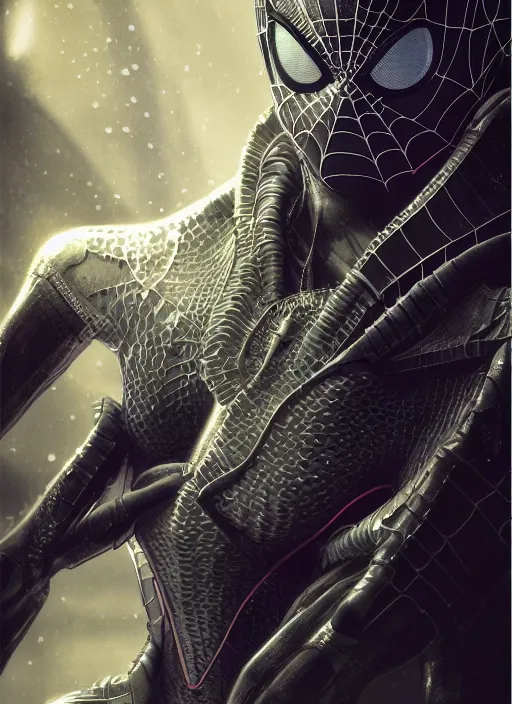 Image similar to portrait of futuristic spiderman knight cyborg, dark art, modern fine art, fractal, intricate, elegant, highly detailed, digital photography, subsurface scattering, by jheronimus bosch and frank miller and greg rutkowski,
