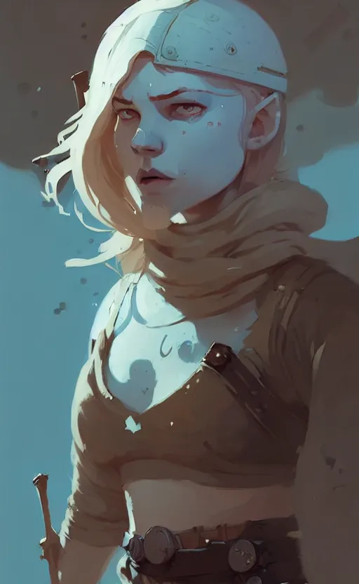 Prompt: female viking by atey ghailan, by greg rutkowski, by simon stalenhag, by greg tocchini, by james gilleard, by joe fenton, by kaethe butcher dynamic lighting, gradient light blue, brown, blonde cream and white color scheme, grunge aesthetic