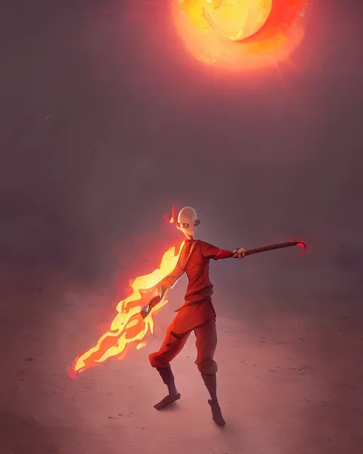 Prompt: squidward wearing fire nation clothing and practicing firebending outside at susnset, [ greg rutkowski ]