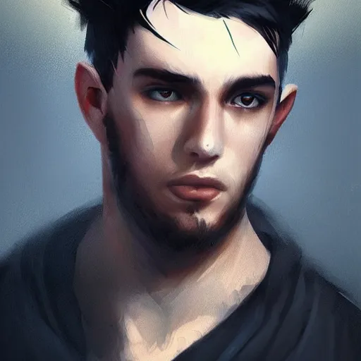 Image similar to a very handsome emo!!! guy posing!!!, portrait!!!!, trending on artstation, cgsociety contest winner, digital art, illustrated by greg rutkowski