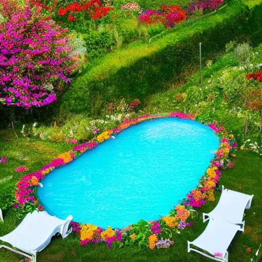 Image similar to swimming pool in the middle of a land of flowers