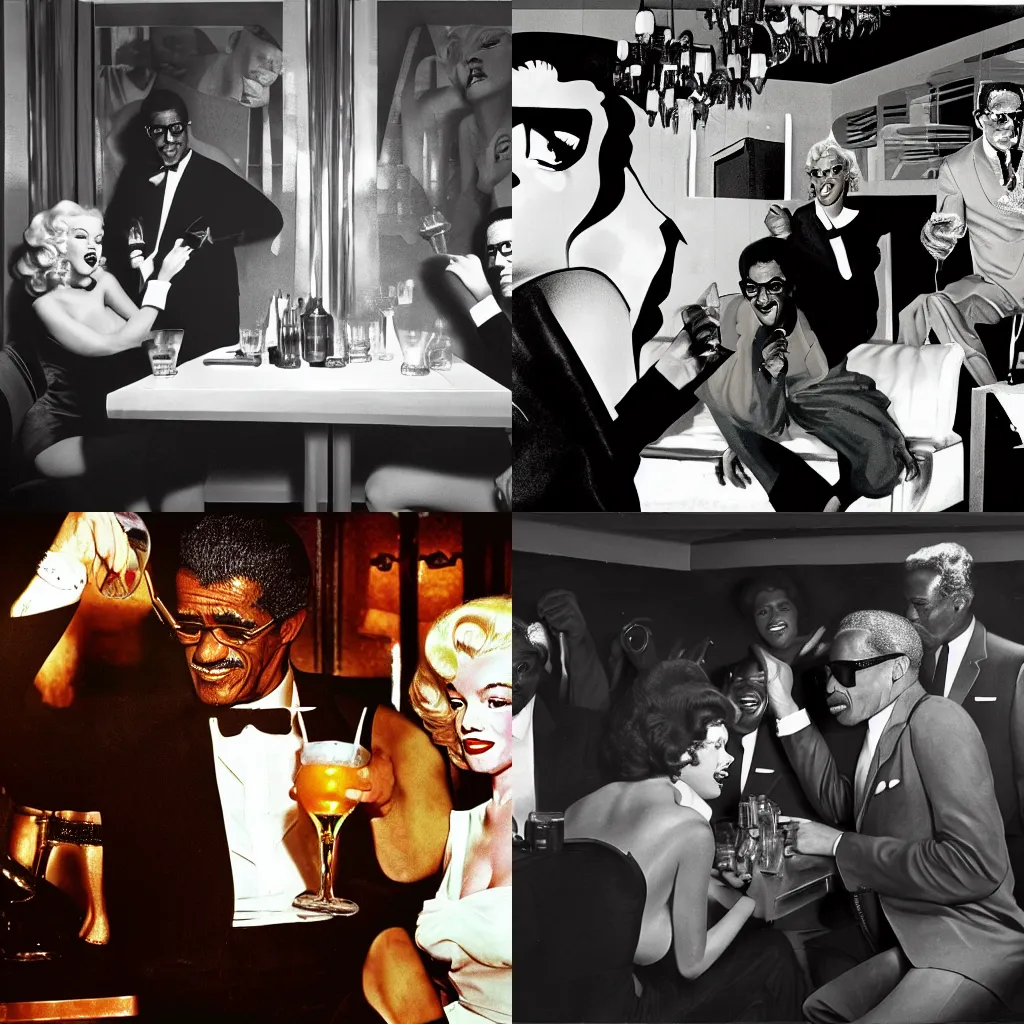 Prompt: Sammy Davis Jr drinking cocktails with Marilyn Monroe in a Harlem night club in 1963 , middle shot, exciting, fun, realistic character concept, artstation, cinematic lighting, hyperdetailed, cgsociety, 8k, high resolution:: Mort Kunstler, Samson Pollen, Robert Maguire:: insanely detailed and intricate