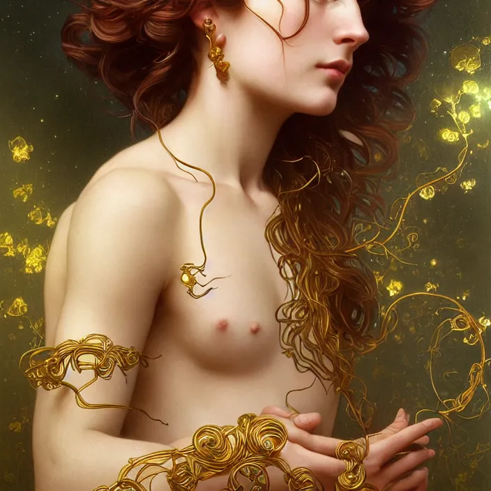 Image similar to portrait of gaea goddess with thin gold tendrils, intricate, elegant, highly detailed, digital painting, artstation, concept art, smooth, sharp focus, illustration, art by artgerm and greg rutkowski and alphonse mucha and william - adolphe bouguereau