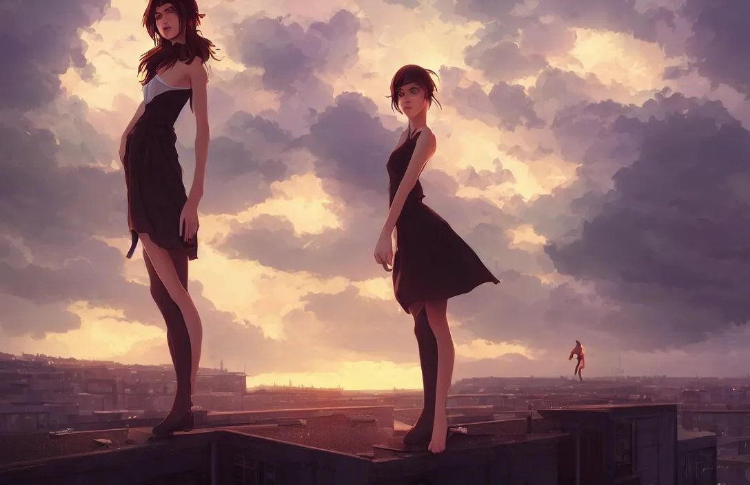 Image similar to a beautiful british woman with short brown hair, gentle, somber amber eyes, standing on a rooftop, storm in the distance, basic clothing, digital art by makoto shinkai ilya kuvshinov and wojtek fus, digital art, concept art,