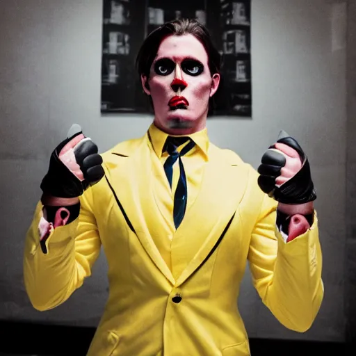 Prompt: yellow minion as the american psycho, sweating intensely, cinematic still