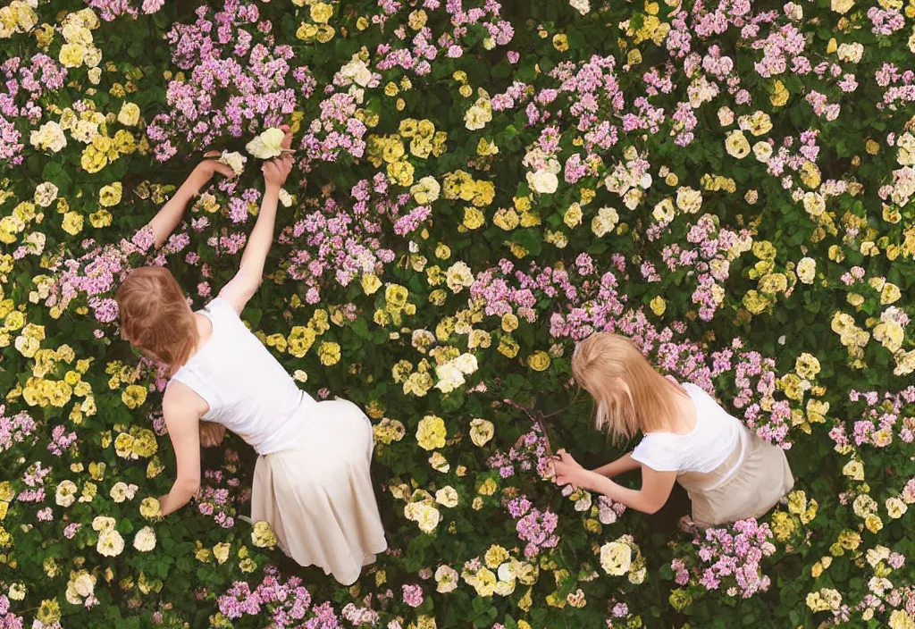 Prompt: high angle view photograph girl picking up flowers in a garden, near county house, country style. neutral colors, beige colors, sunlight, golden hour, Bleach pastel colors, soft lights, polaroid, vintage, High-key lighting In style of simplified realism lisa yuskavage, Steve Hanks