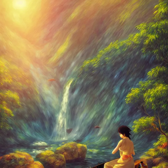 Image similar to an epic makoto shinkai and renoir landscape with a beautiful brown haired woman playing a guitar in front of hawaiian waterfall, golden hour, 🌺, ultra smooth, lois van baarle, ilya kuvshinov, unreal engine, blender, trending on artstation, suntur, caleb worcester, highly detailed, photorealism, bloom effect 8 k