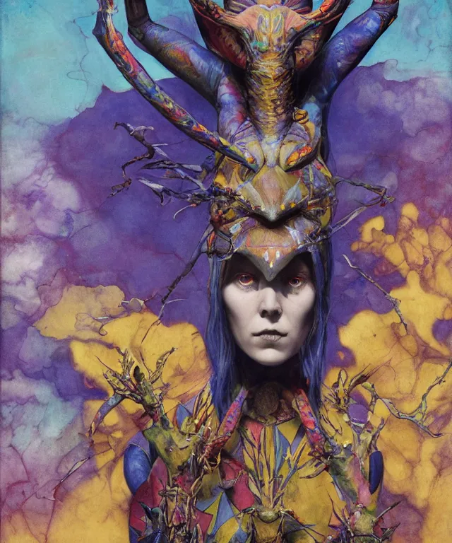 Image similar to a portrait photograph of a meditating fierce colorful spider gwen antilope super villian girl with slimy amphibian scaled blue skin and yellow eyes. she is wearing a living organic suit. by donato giancola, hans holbein, walton ford, gaston bussiere, peter mohrbacher and brian froud. 8 k, cgsociety, fashion editorial