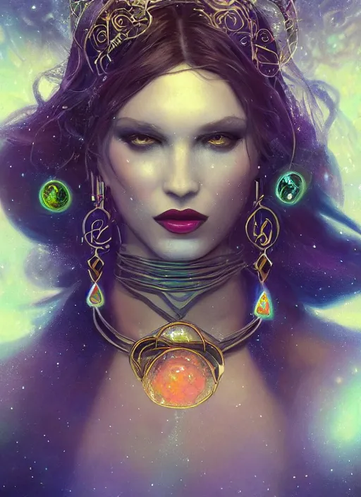 Prompt: tarot!!, pale, beautiful witch made of starlight and opals, jeweled choker, vivid colors, elegant, concept art, sharp focus, beautiful face!!, digital art, Hyper-realistic, 4K, Unreal Engine, Highly Detailed, Dramatic Lighting, Beautiful, by Brom, trending on Artstation, Tom Bagshaw, Sargent