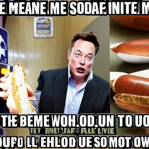 Prompt: meme with elon musk about hotdogs