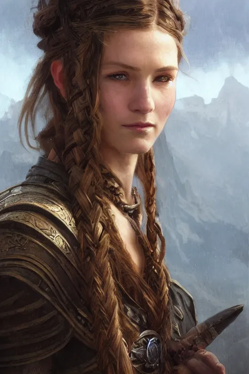 Prompt: closeup portrait of an mage, cloth, dungeons and dragons character, dramatic lighting, female warrior, brown hair, celtic braid, castle background, gorgeous view, realistic, high detail, digital art, painted by greg rutkowski, painted by jeremy mann, painted by alphonse mucha, trending on artstation