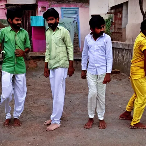 Image similar to four tamil friends playing a game of cricket, on an indian street, award winning picture, national geographic, photo realistic