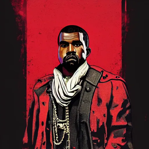 Image similar to kanye west in stephen bliss illustration red dead redemption 2 artwork of kanye west, in the style of red dead redemption 2 loading screen, by stephen bliss