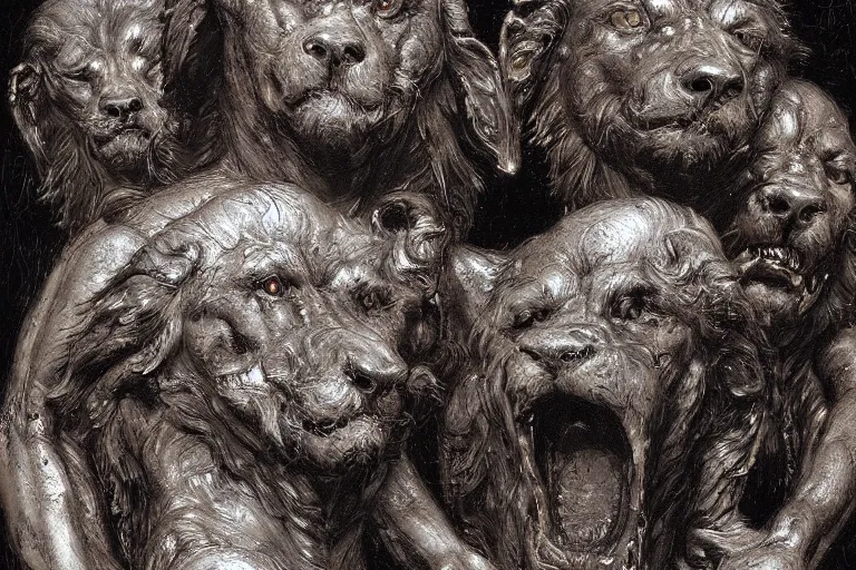 Image similar to cerberus hyperdetailed photo of a cerberus by ed binkley, ilya repin, alex horley, johfra bosschart, craig mullins, three head one body, cerberus, details