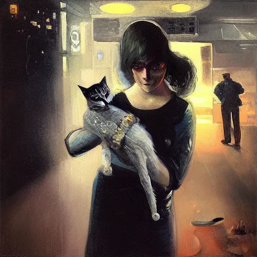 Prompt: “ a girl holding a cat in futuristic new york city, ghostpunk, heavy rain, high detail, oil painting, by george bellows ”