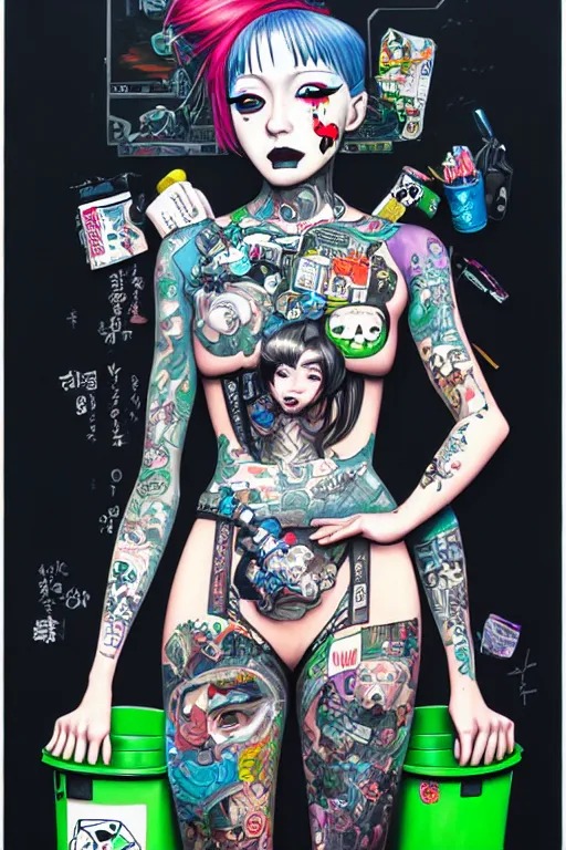 Prompt: full view, from a distance, of anthropomorphic trashcan full of trash, who is cyberpunk girl with tattoos, style of yoshii chie and hikari shimoda and martine johanna, highly detailed