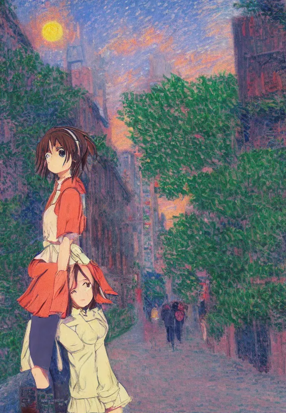 Image similar to wide angle anime portrait of a teenage girl, a thrifty outfit, very anime in impressionist style, city street view background, starlit night sky, trending artwork, anime painter studio, by claude monet