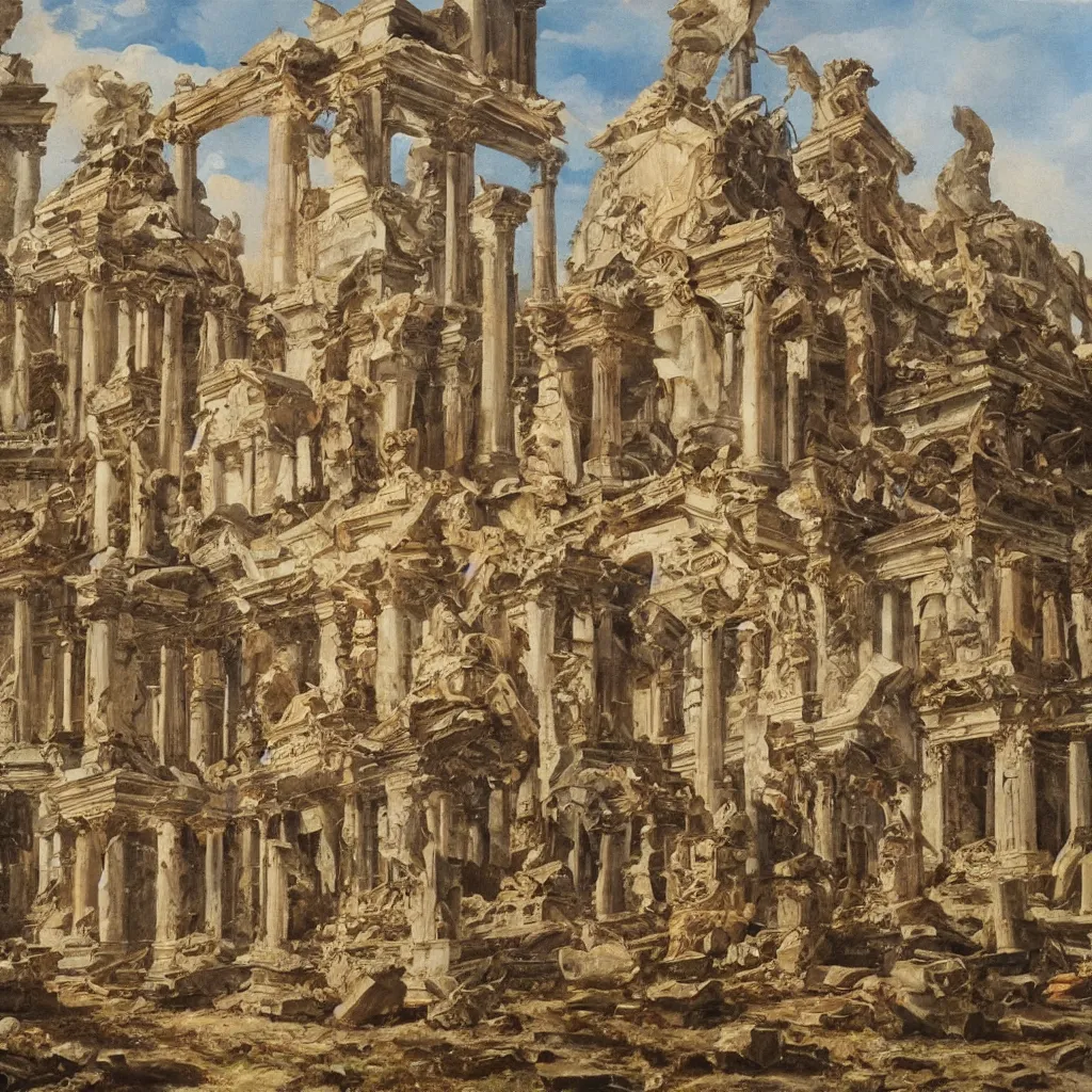 Image similar to oil painting extremely detailed of a destroyed panteon with 7 statues of extint forgotten gods