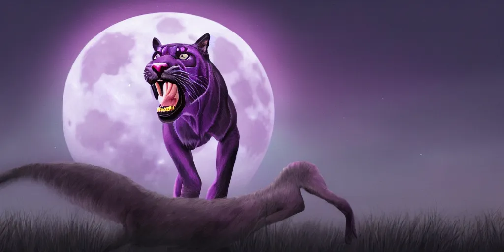 Prompt: digital painting of a large purple colored panther roaring at night. large moon in the center of the background. digital drawing, illustration, 4 k, render, matte, highly detailed, artstation, realistic, dramatic, darkness, moon.