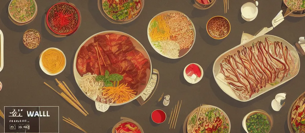 Image similar to a beautiful simple 4 k hd wall paper illustration of roasted string hotpot, wallpaper design, simple style, gourmet style, marketing kebab hotpot wallpaper display, wall painting, from china, with merchant logo, simple structure, surrealistic, chinese style, victo ngai, james jean, denoise, deblurring