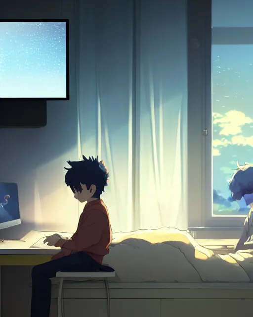 Image similar to a boy and a goldendoodle dog are sitting at a desk in front of a bright computer screen in a bedroom by night, anime concept art, illustrated by Makoto Shinkai, 4k