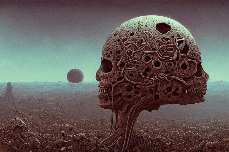 Prompt: a surreal and awe - inspiring science fiction landscape, skull moon in the sky looks like a skull, intricate, elegant, highly detailed colored sketch by beksinski and simon stalenhag