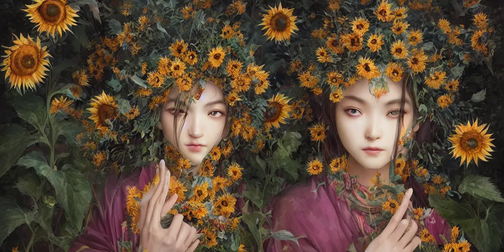 Image similar to breathtaking detailed concept art painting of the goddess of sunflower flowers, orthodox saint, with anxious, piercing eyes, ornate background, amalgamation of leaves and flowers, by Hsiao-Ron Cheng, James jean, Miho Hirano, Hayao Miyazaki, extremely moody lighting, 8K